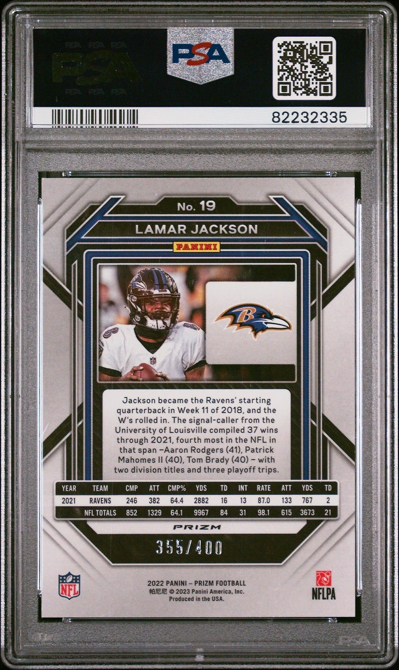 2022 Panini Prizm 19 Lamar Jackson Pandora PSA 10
