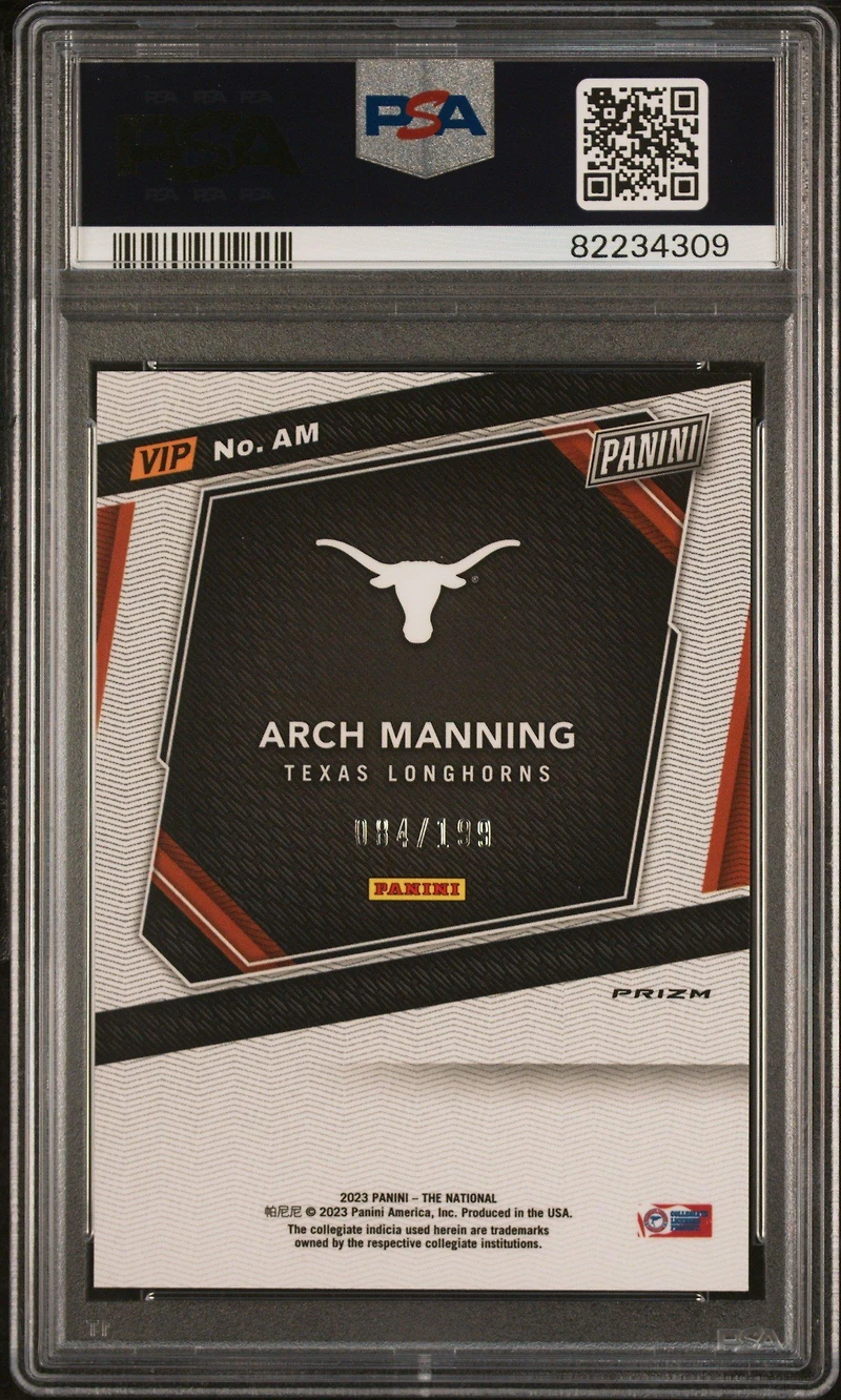 2023 Panini National Vip Gold Prospects Am Arch Manning Red Sparkle PSA 10