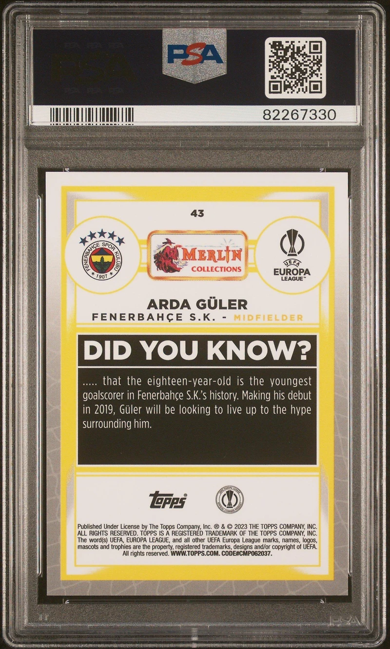 2022-23 Topps Merlin Chrome Uefa Club Competitions 43 Arda Guler PSA 10