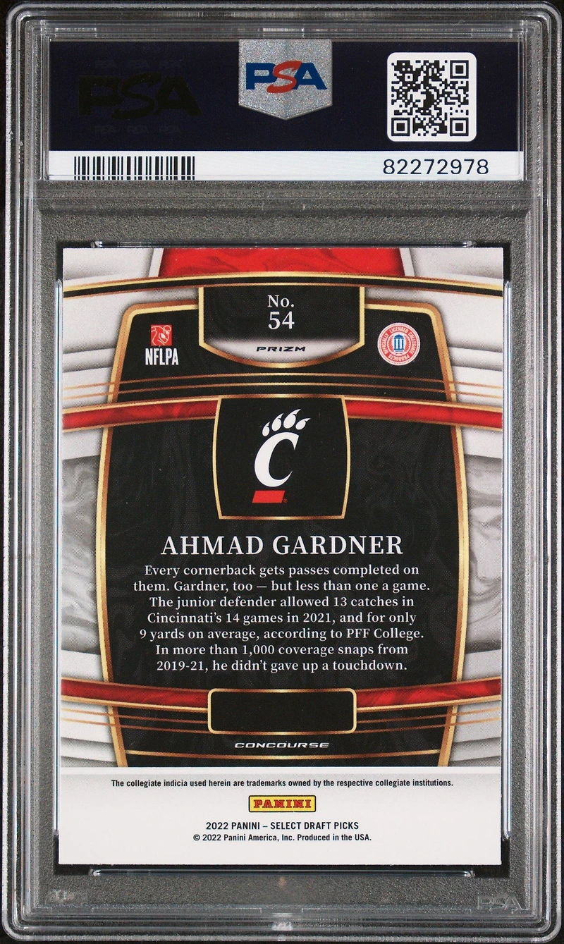 2022 Panini Select Draft Picks 54 Ahmad “sauce” Gardner Red Lazer Prizm PSA 10