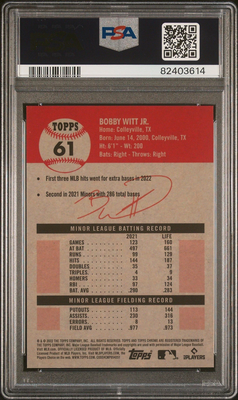 2022 Topps Chrome Platinum Anniversary 61 Bobby Witt Jr. Image Variation PSA 9