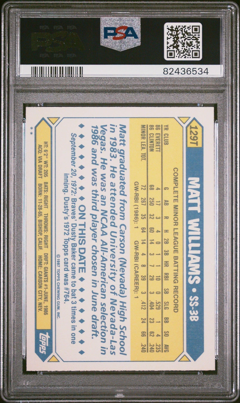 1987 Topps Traded 129t Matt Williams PSA 10