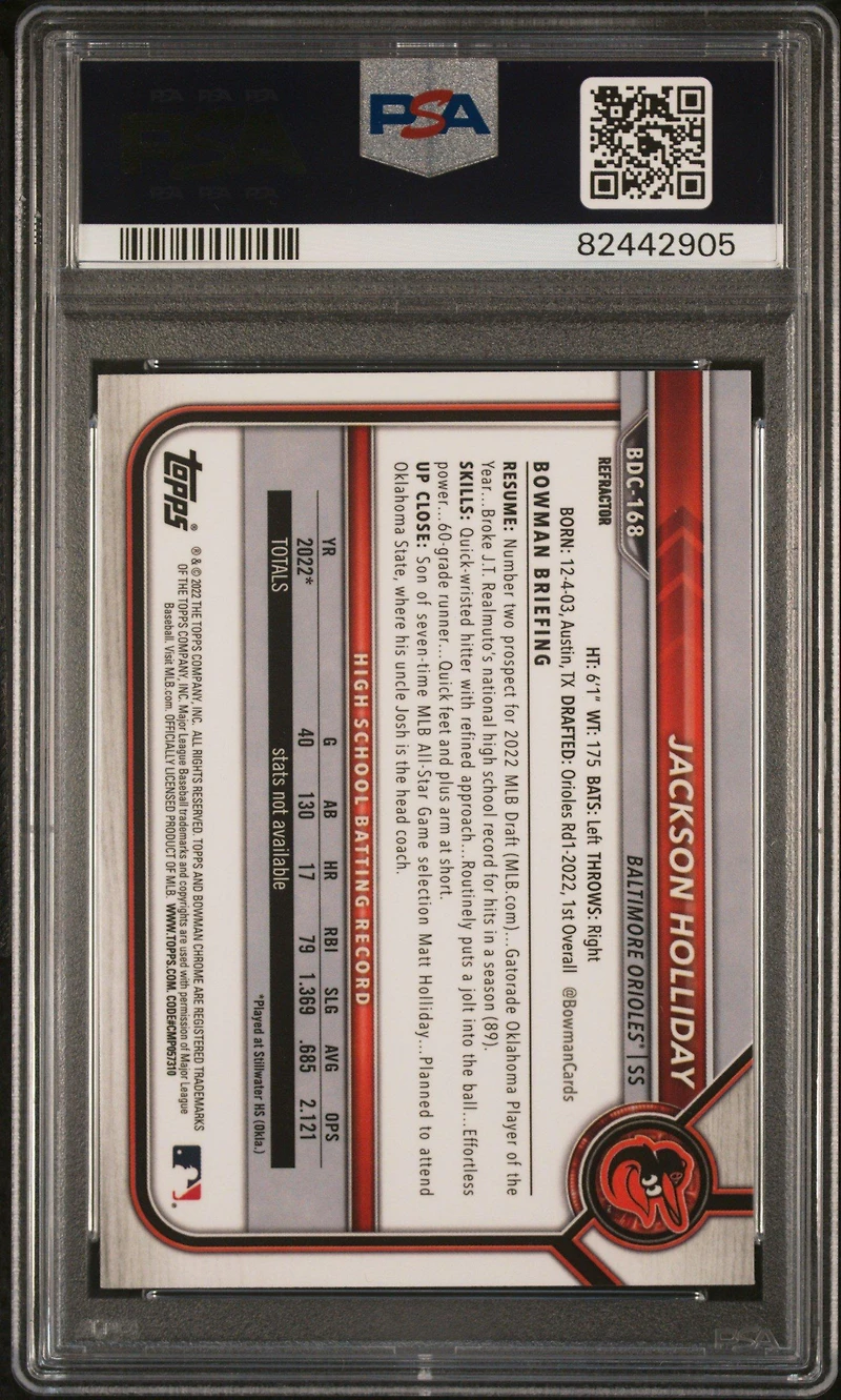 2022 Bowman Draft Bdc168 Jackson Holliday Chrome-refractor PSA