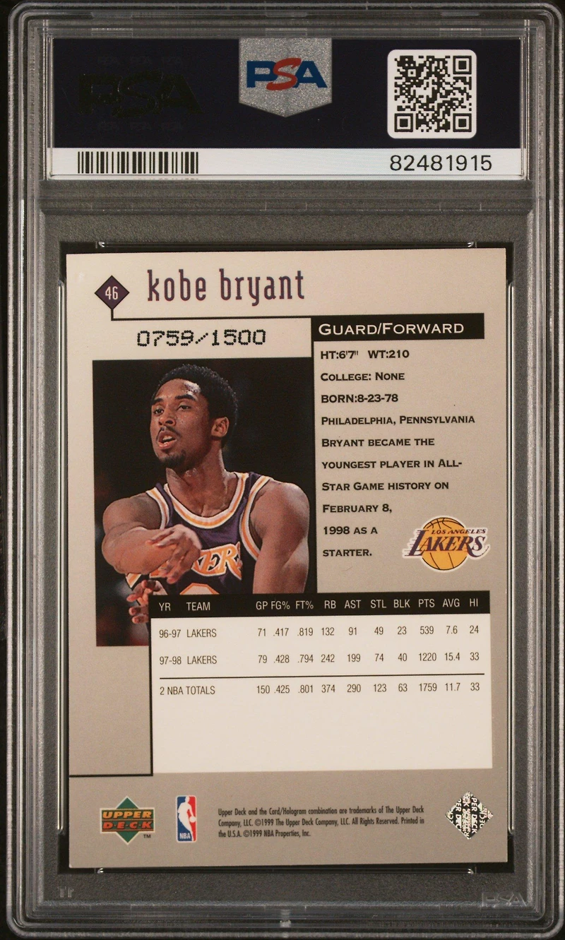 1998 Upper Deck Black Diamond 46 Kobe Bryant Triple PSA 8