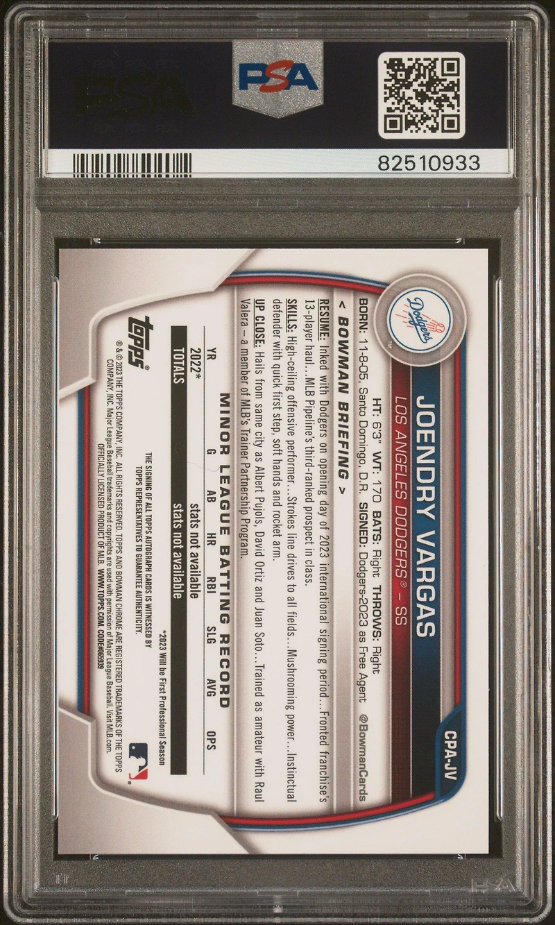2023 Bowman Chrome Prospect Autographs Cpajv Joendry Vargas PSA 10