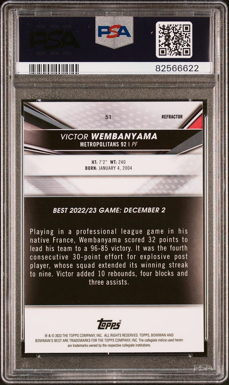 2022 Bowman University Best 51 Victor Wembanyama Refractor PSA