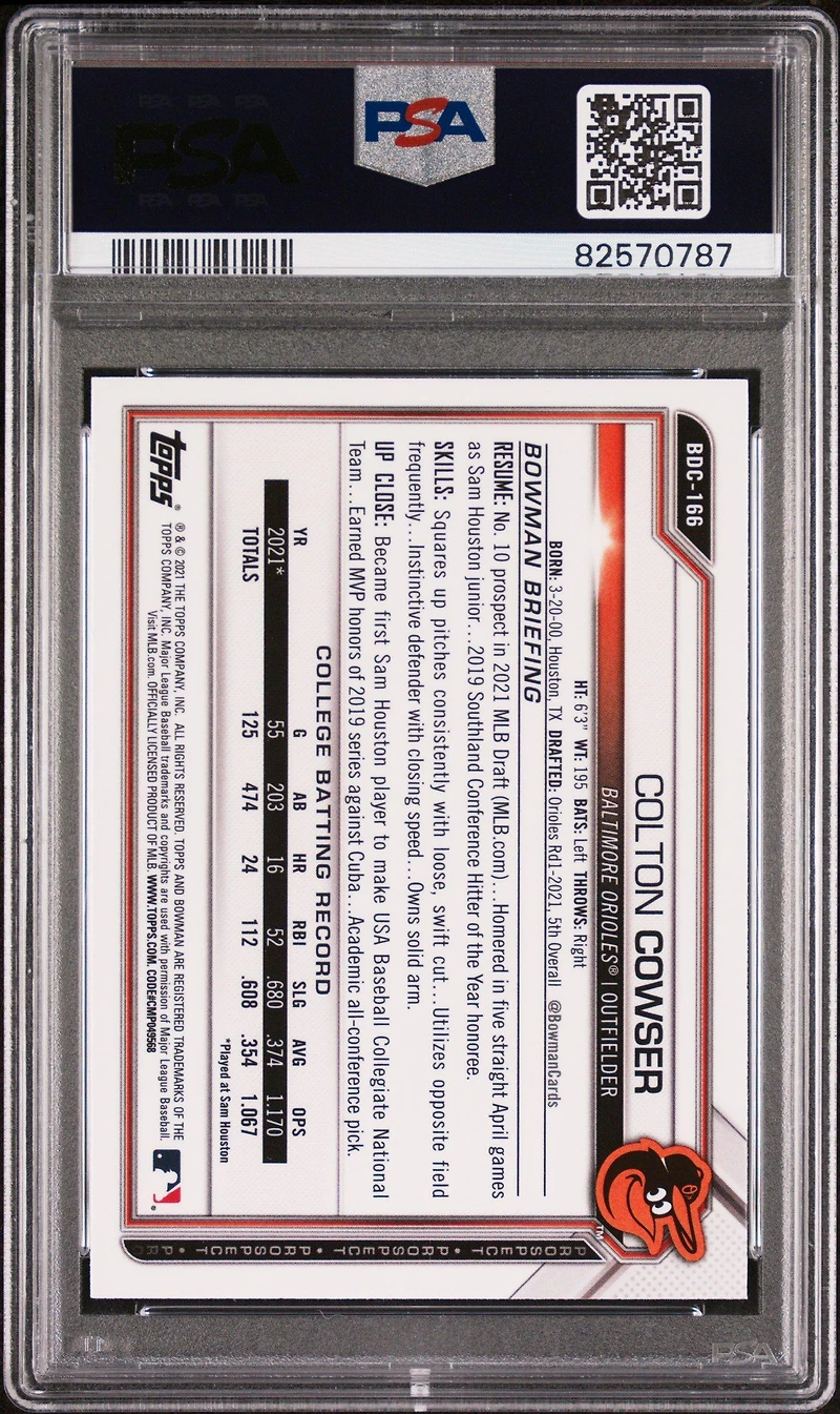 2021 Bowman Draft Bdc166 Colton Cowser Chrome PSA 9