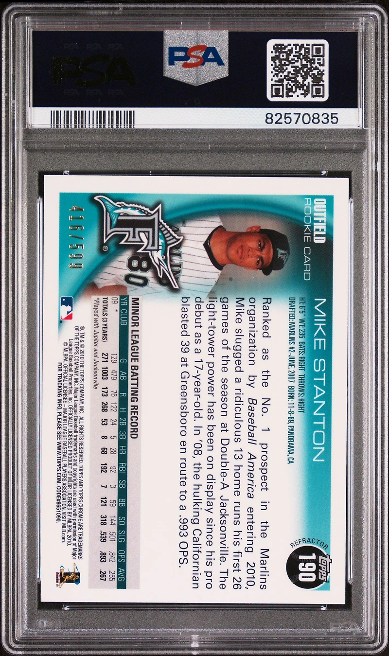 2010 Topps Chrome 190 Mike Stanton Green Refractor PSA 9