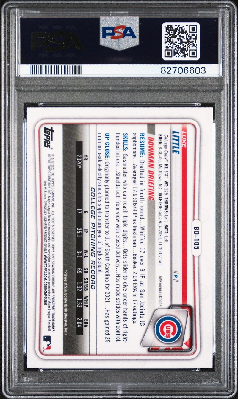 2020 Bowman Draft Bd105 Luke Little Chrome PSA 9