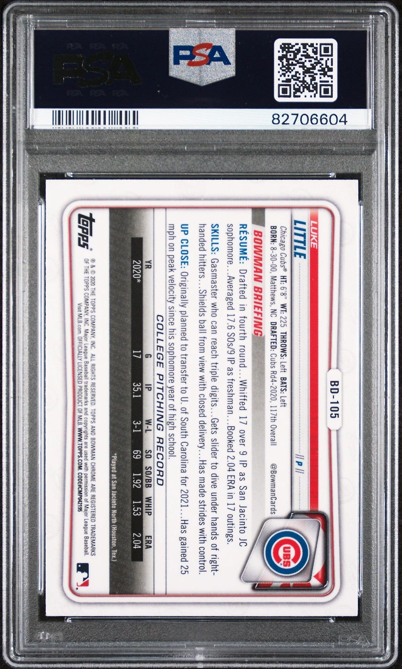 2020 Bowman Draft Bd105 Luke Little Chrome PSA 9