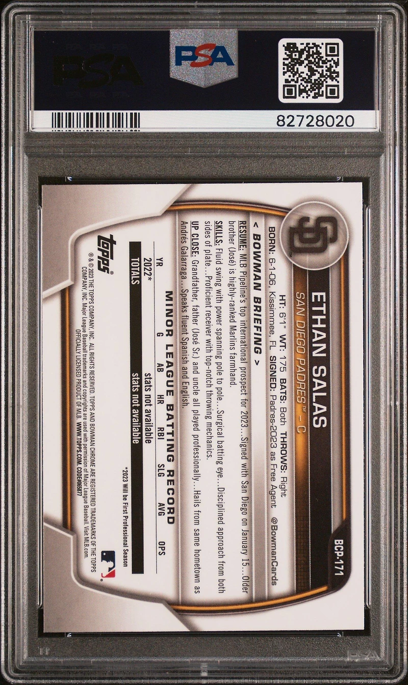 2023 Bowman Chrome Prospects Bcp171 Ethan Salas PSA 10