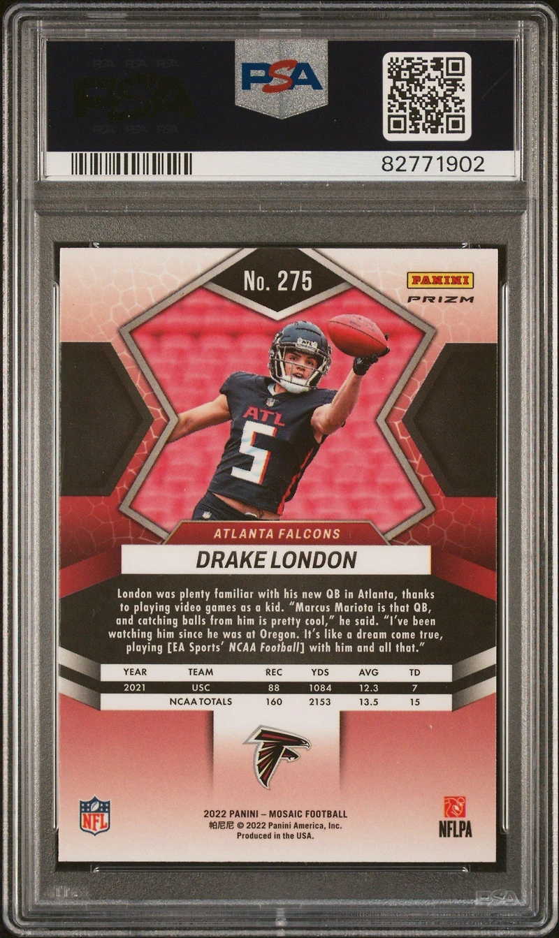 2022 Panini Mosaic 275 Drake London Reactive Orange PSA 10