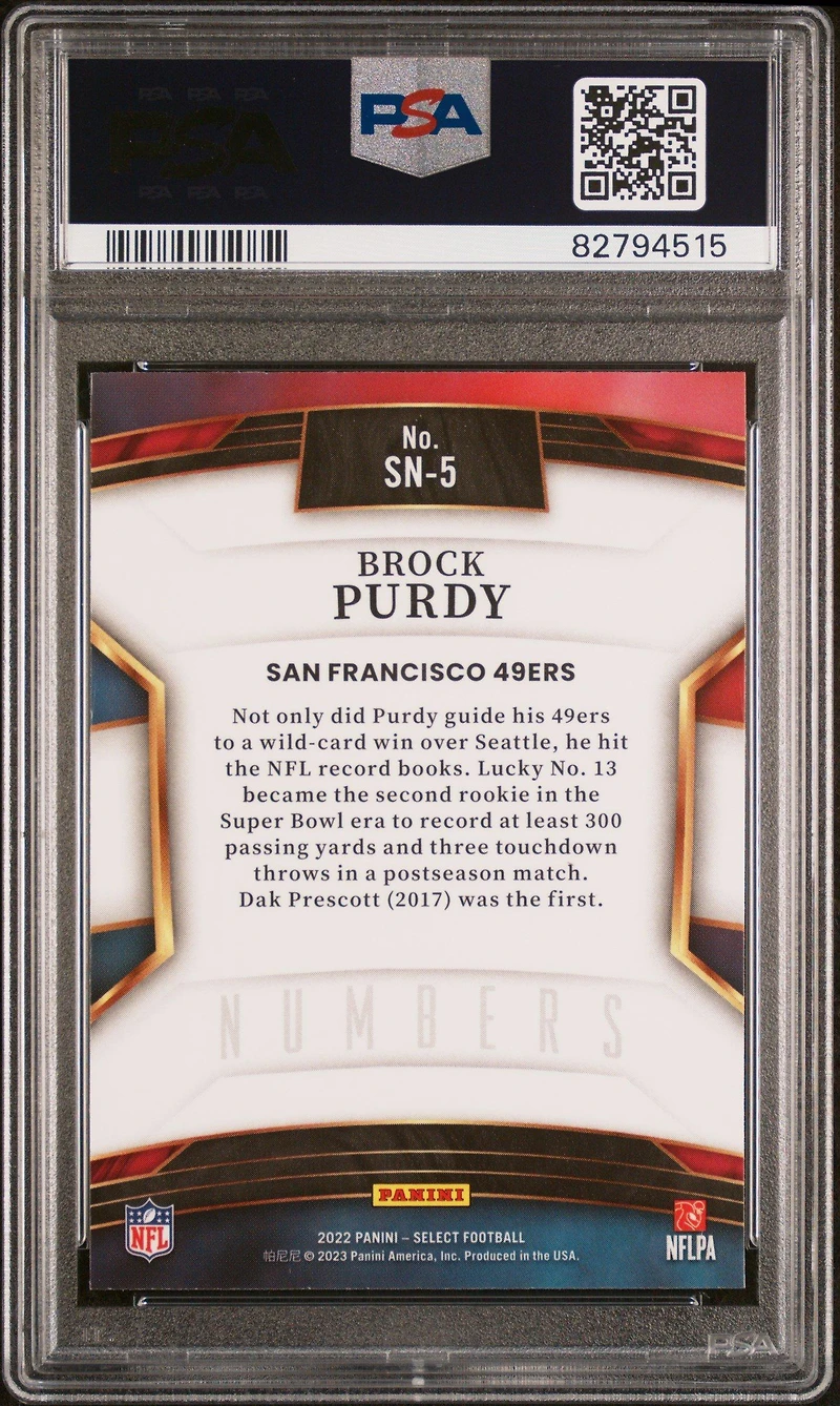 2022 Panini Select Select Numbers Sn5 Brock Purdy PSA