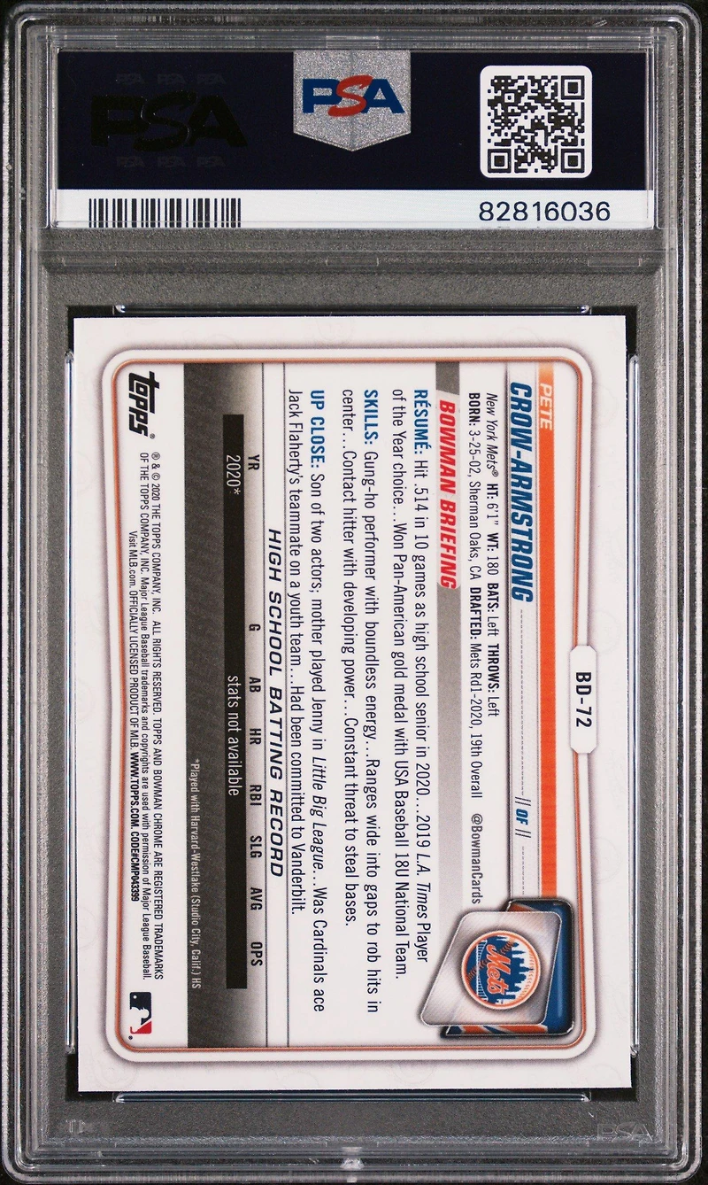 2020 Bowman Draft Chrome Sapphire Edition Bd72 Pete Crow-armstrong PSA 10