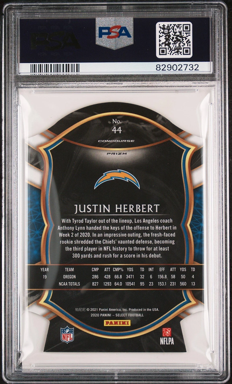 2020 Panini Select 44 Justin Herbert Die-cut Purple Prizm PSA 9
