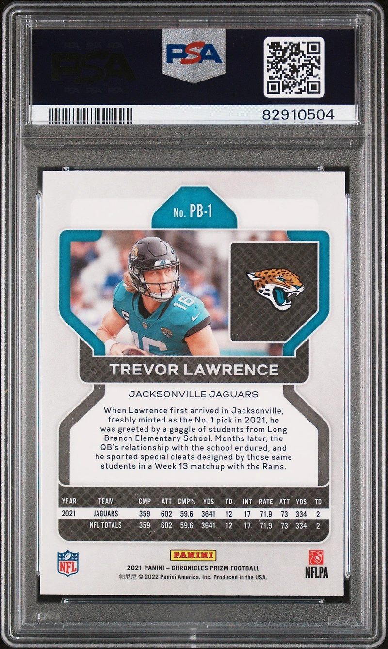2021 Panini Chronicles Prizm Black Pb-1 Trevor Lawrence PSA 10