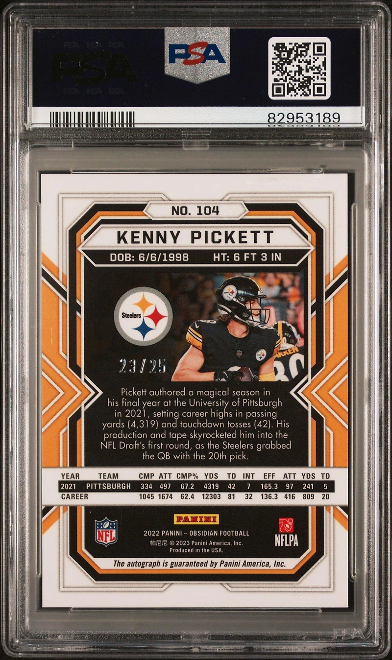 2022 Panini Obsidian 104 Kenny Pickett Autograph-electric Etch Yellow PSA 9