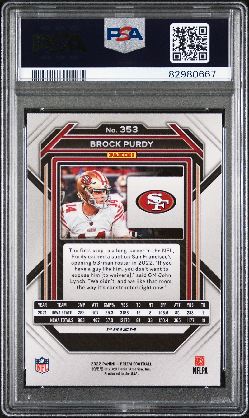 2022 Panini Prizm 353 Brock Purdy Red/white/blue PSA