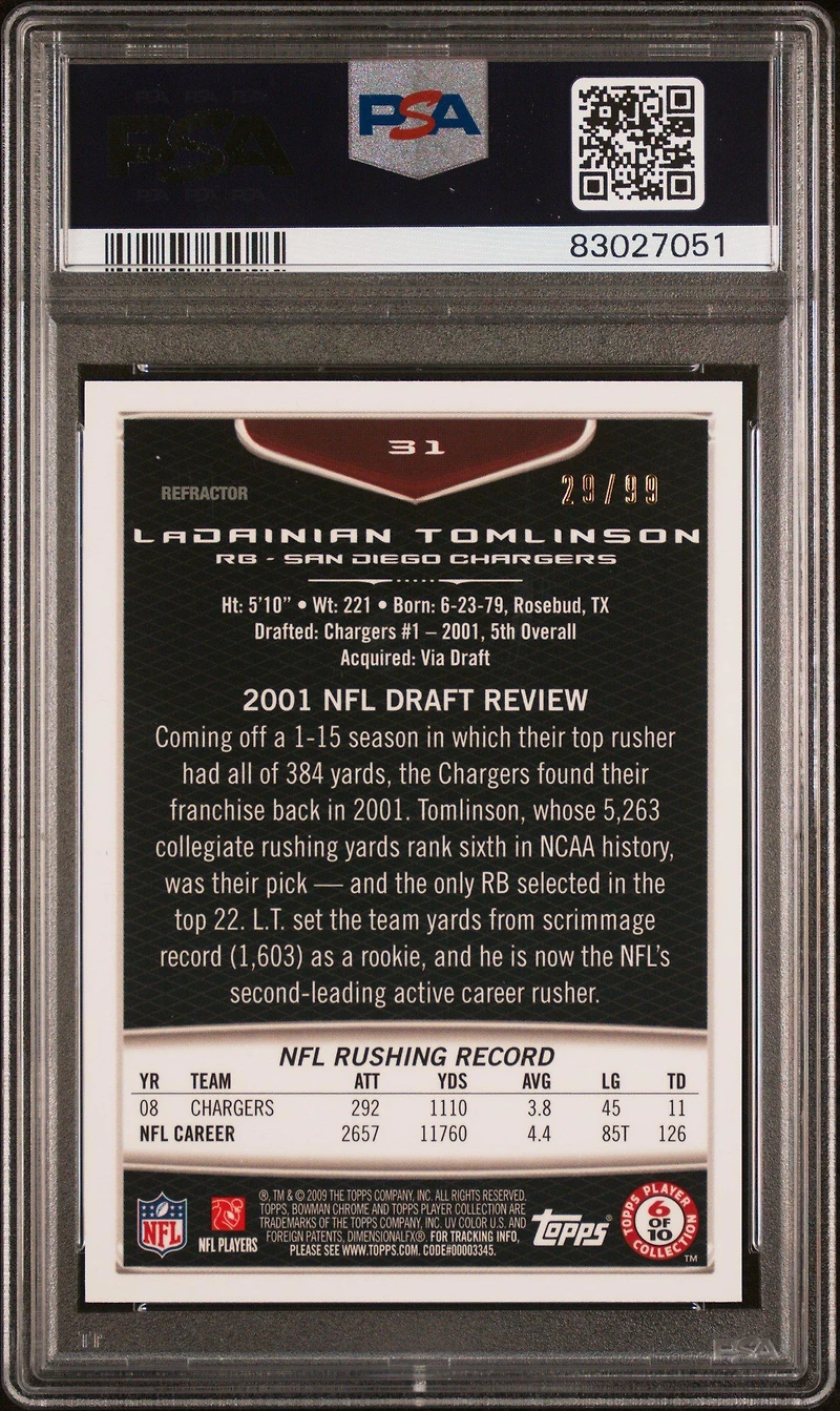 2009 Bowman Chrome 31 Ladainian Tomlinson Green Refractor PSA 10