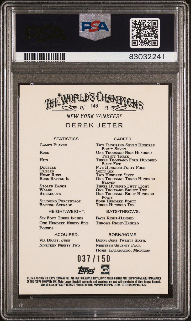 2022 Topps Allen & Ginter Chrome 146 Derek Jeter Blue Refractor PSA 10