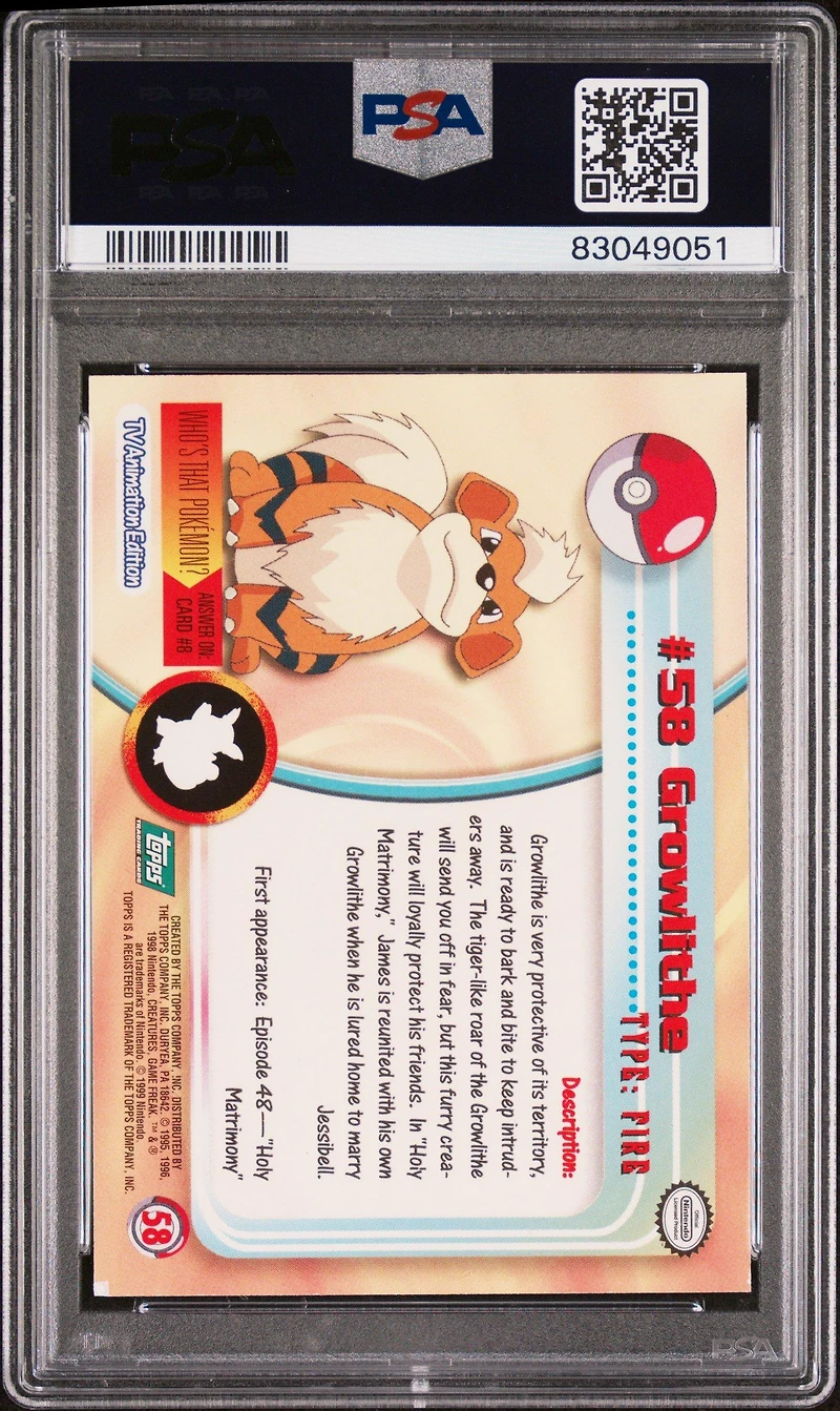 1999 Topps Pokemon Tv 58 Growlithe PSA 8