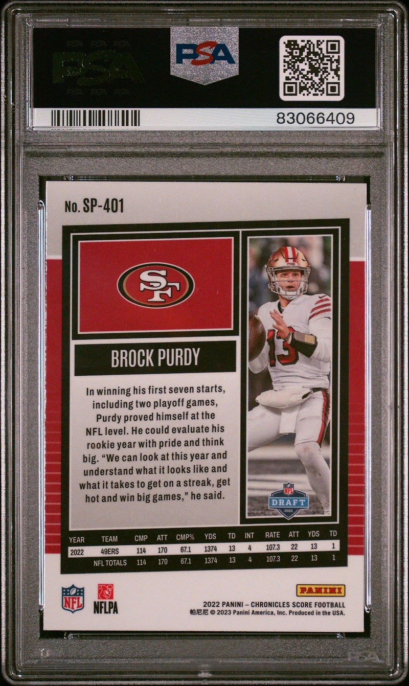 2022 Panini Chronicles Score Premium Rookies Update Sp401 Brock Purdy PSA