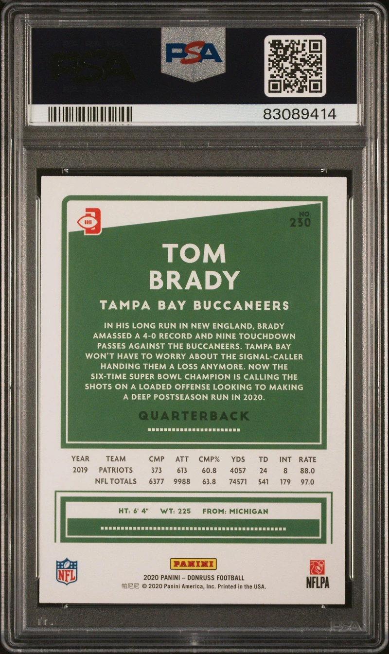 2020 Panini Donruss 230 Tom Brady Sp PSA 10