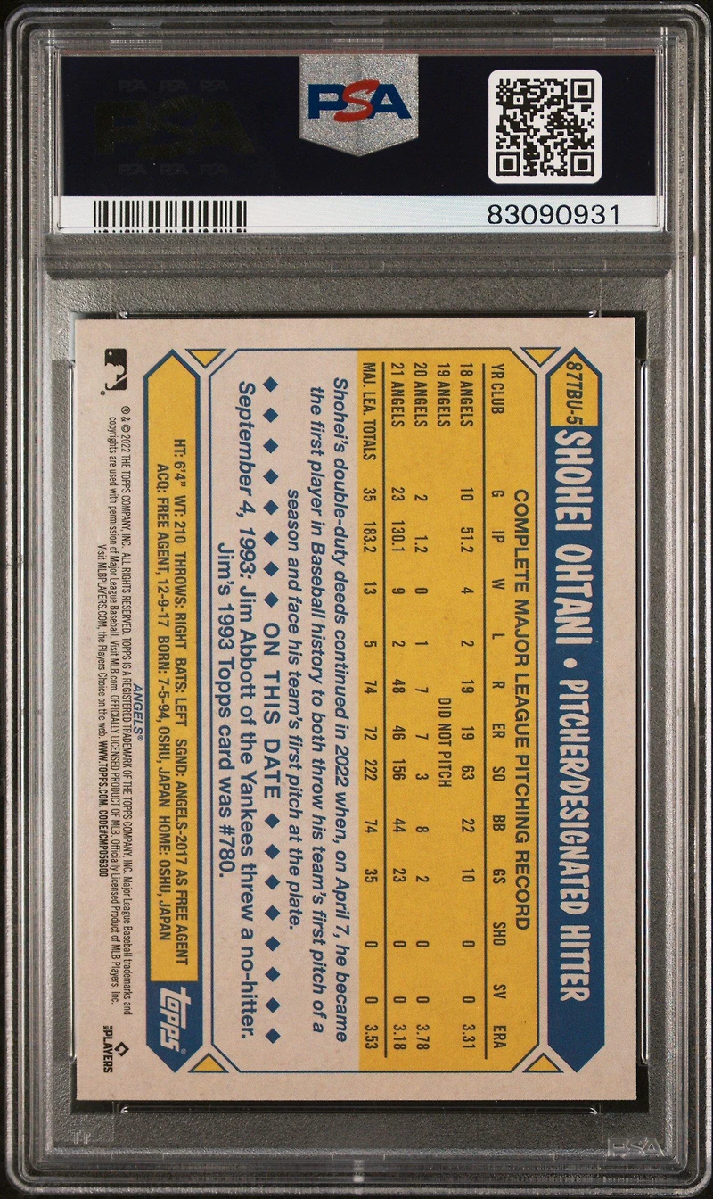 2022 Topps Update 1987 Topps Baseball 87tbu5 Shohei Ohtani PSA 10