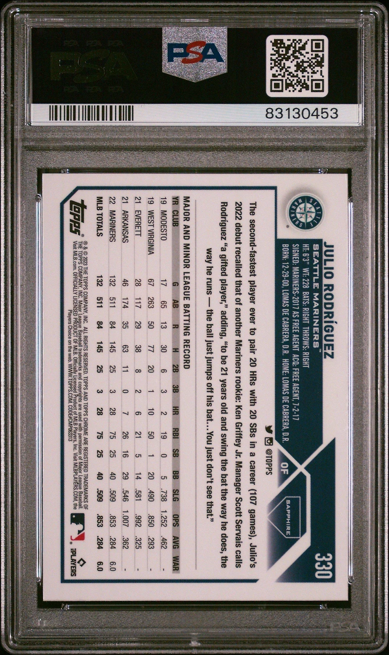 2023 Topps Chrome Sapphire 330 Julio Rodriguez PSA 10
