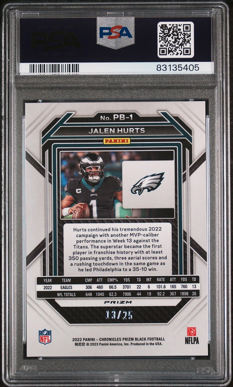 2022 Panini Chronicles Prizm Black Pb1 Jalen Hurts Blue PSA 10