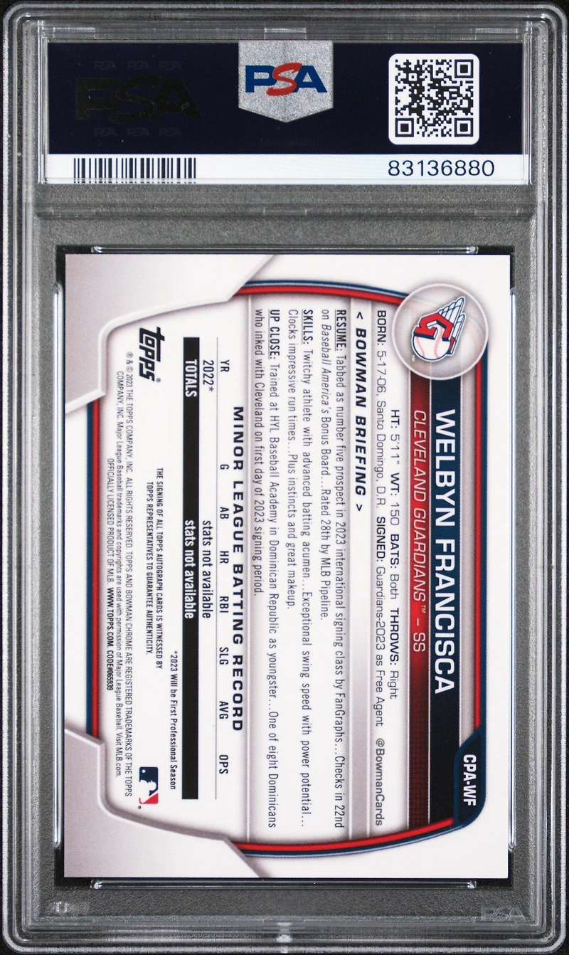 2023 Bowman Chrome Prospect Autographs Cpawf Welbyn Francisca PSA 10