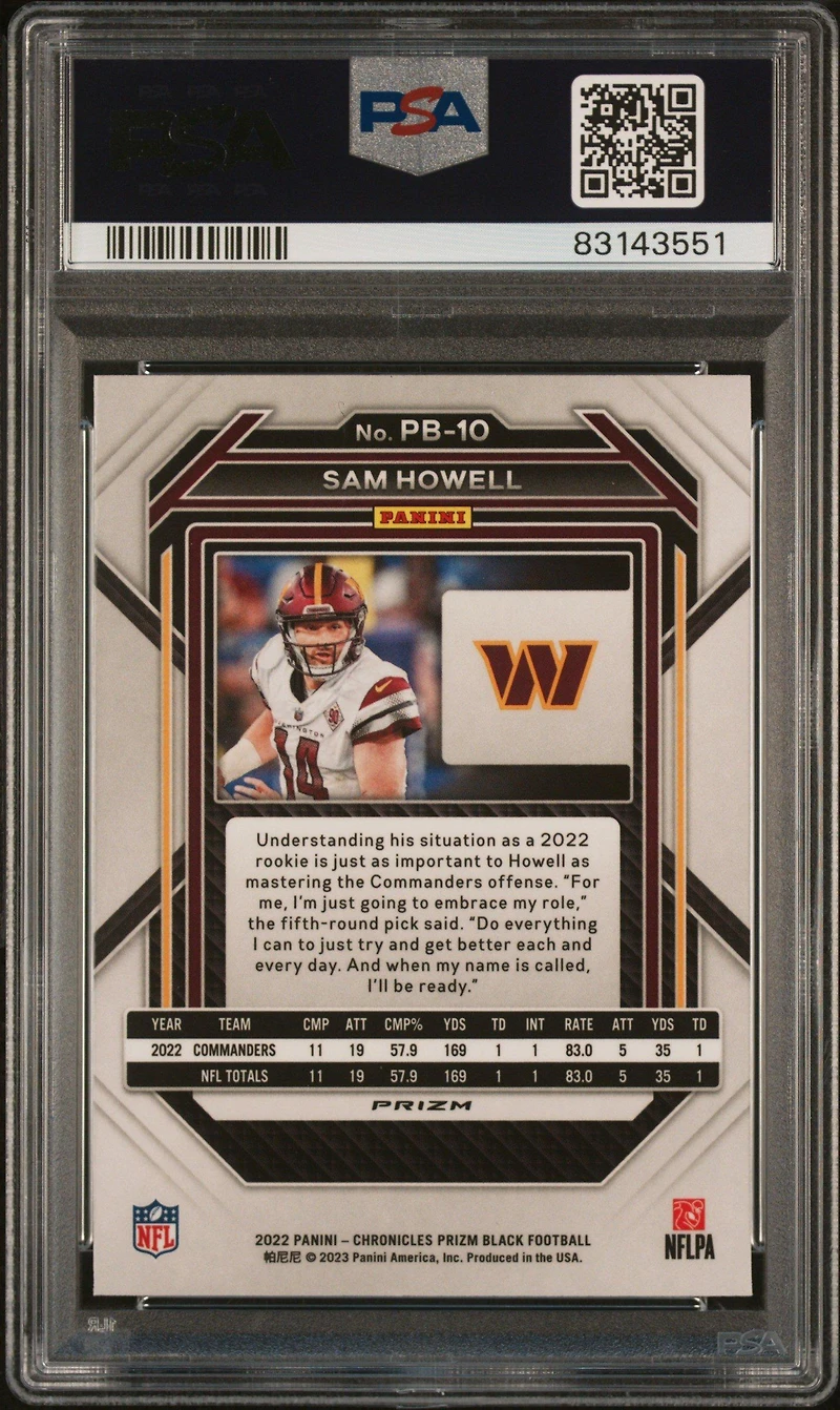 2022 Panini Chronicles Prizm Black Pb10 Sam Howell Silver PSA 10