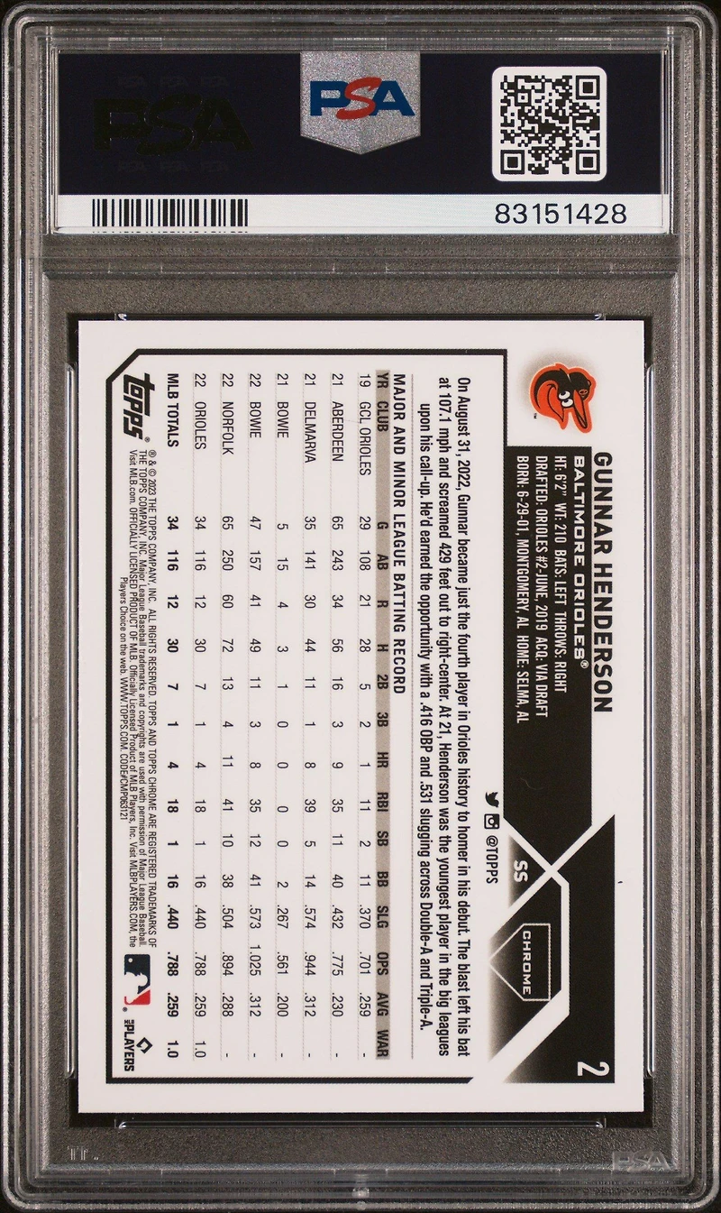 2023 Topps Chrome 2 Gunnar Henderson Prism Refractor PSA 10