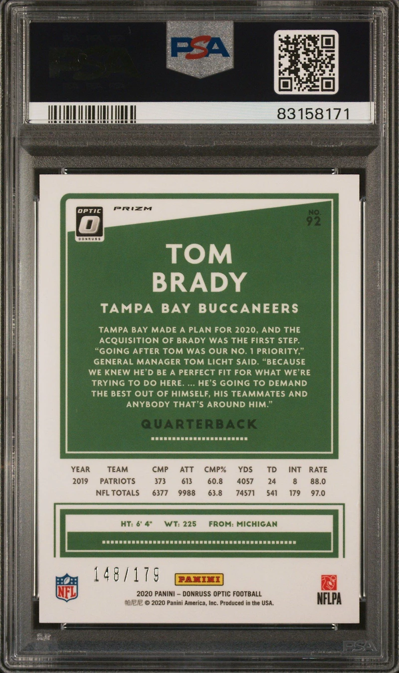 2020 Panini Donruss Optic 92 Tom Brady Blue PSA 9