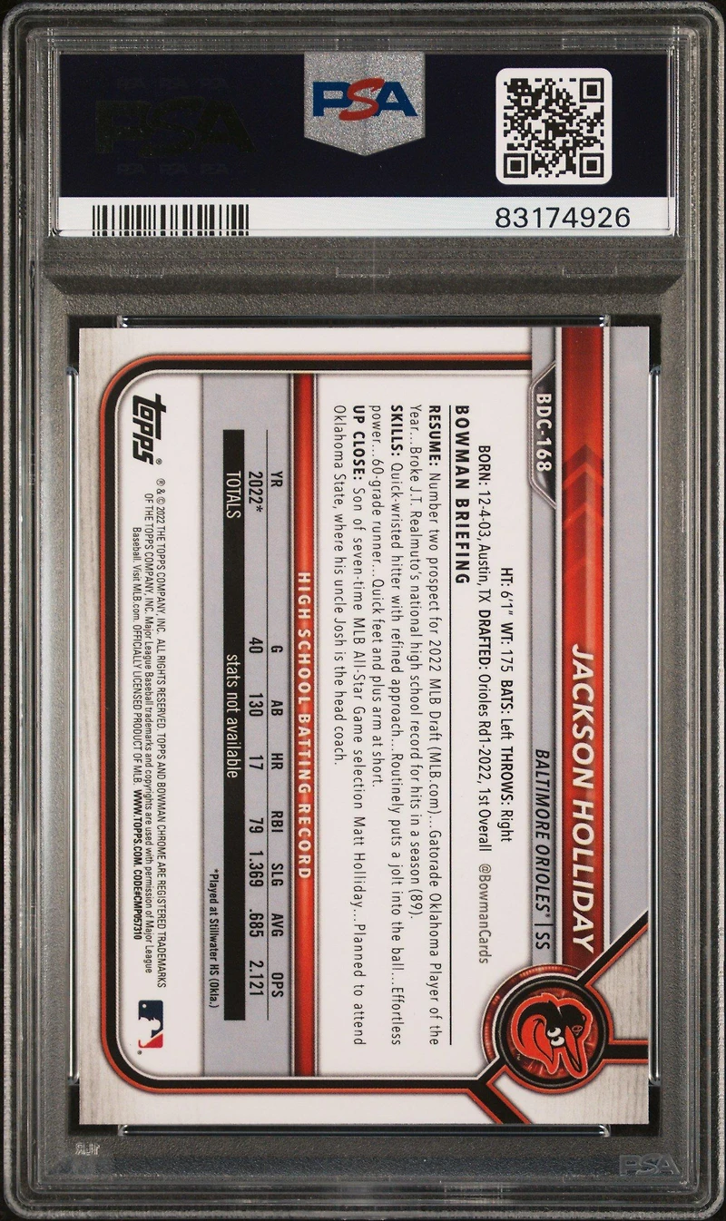 2022 Bowman Draft Bdc168 Jackson Holliday Chrome-black & White Raywave Refractor PSA 10