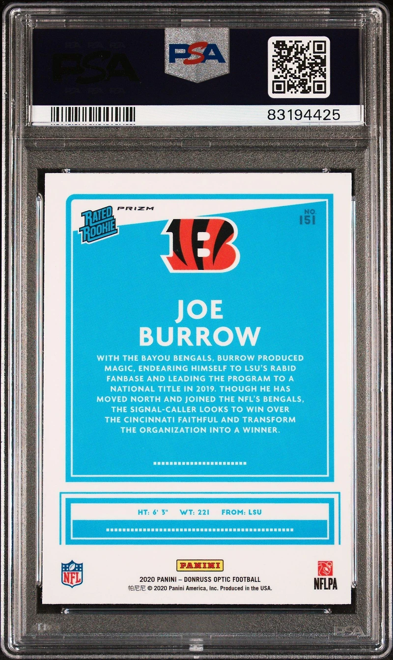 2020 Panini Donruss Optic 151 Joe Burrow Holo PSA 9
