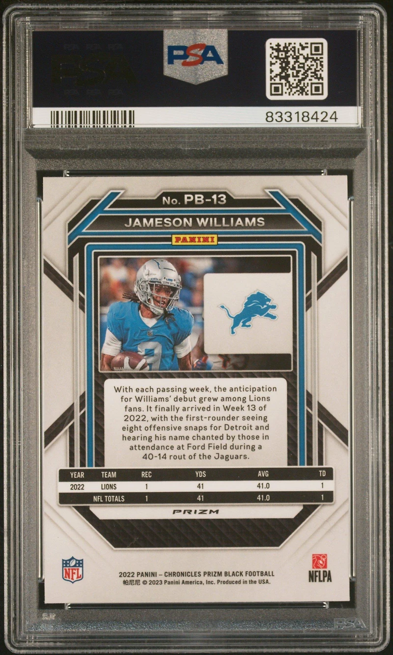 2022 Panini Chronicles Prizm Black Pb13 Jameson Williams Silver PSA 10