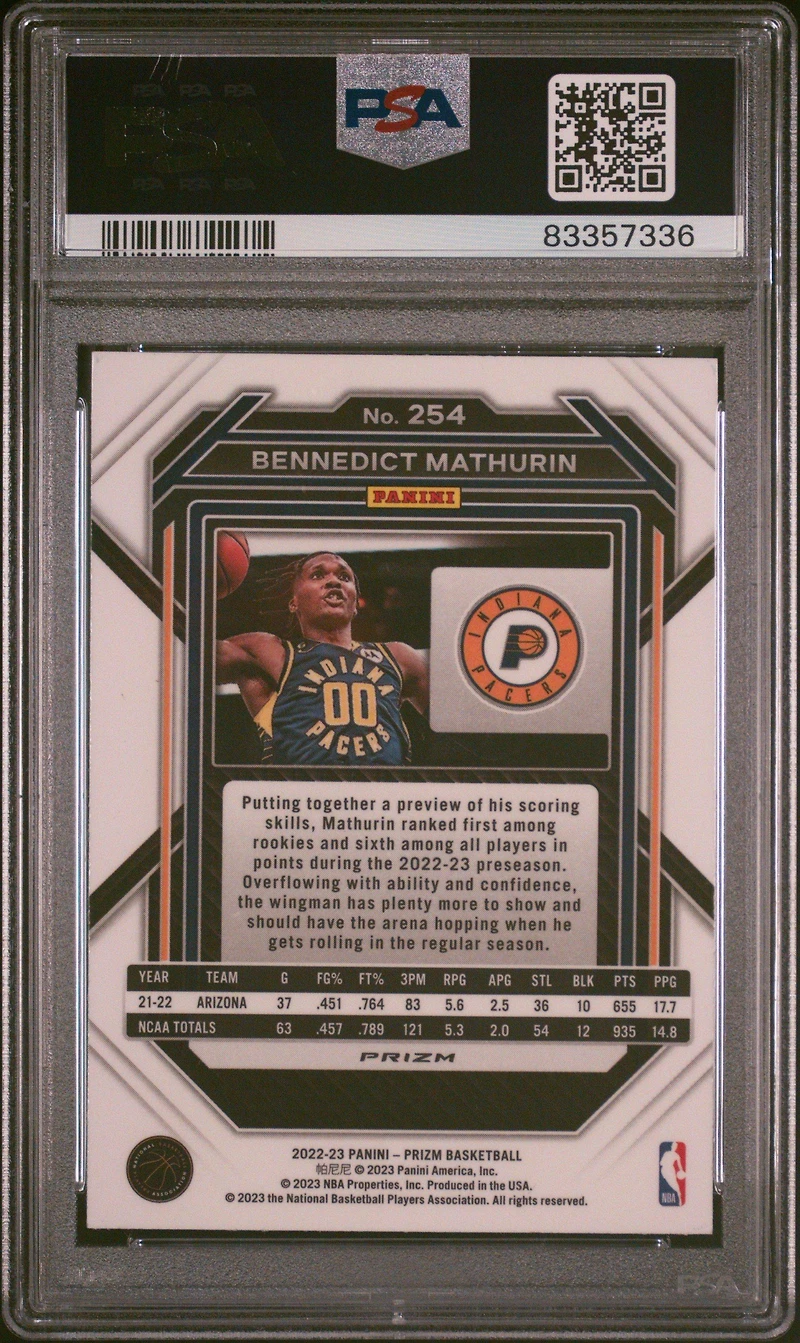 2022 Panini Prizm 254 Bennedict Mathurin Silver Prizm PSA 10