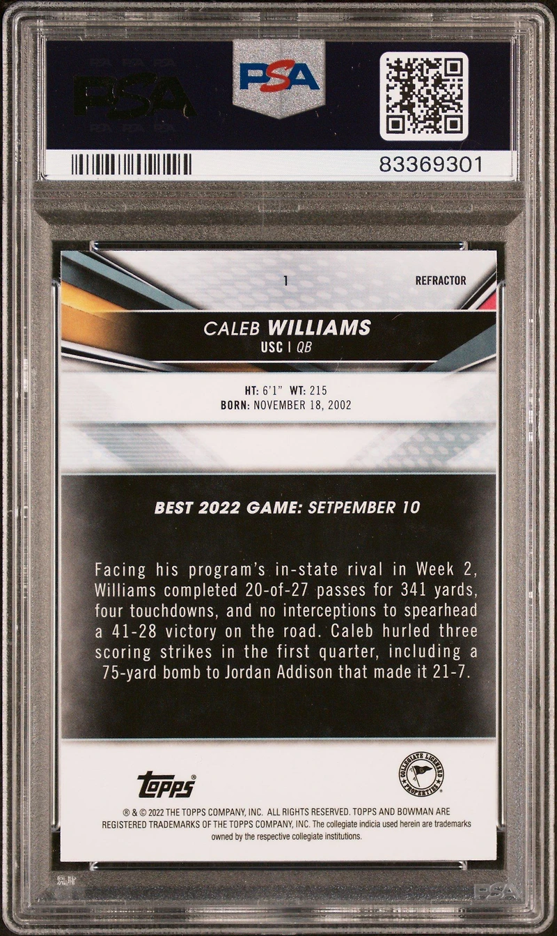 2022 Bowman's Best University 1 Caleb Williams PSA 10