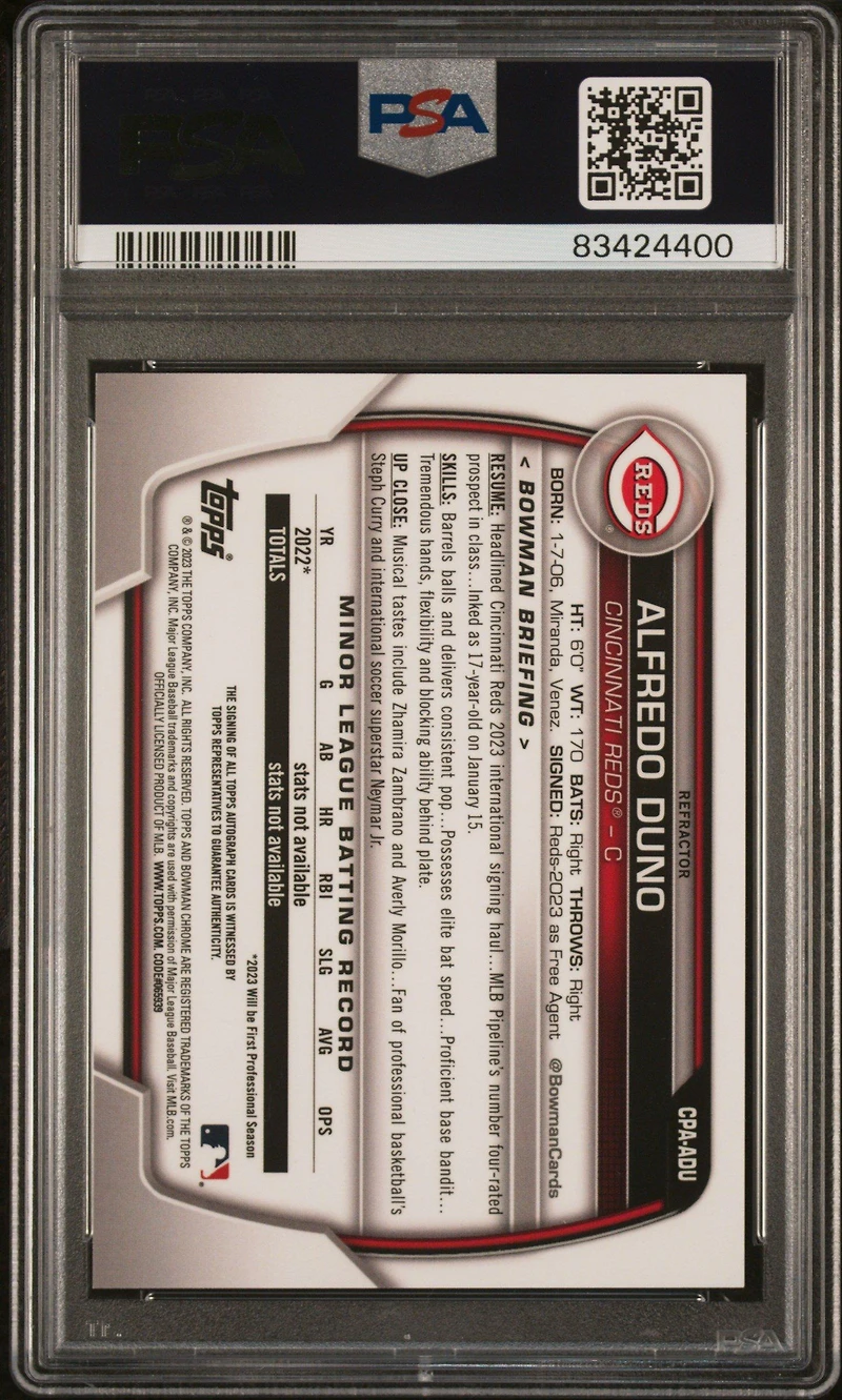 2023 Bowman Chrome Prospect Autographs Cpaadu Alfredo Duno Refractor PSA 10