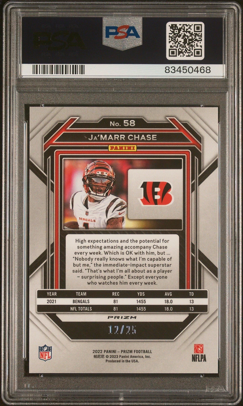 2022 Panini Prizm 58 Ja'marr Chase Blue Shimmer PSA 10
