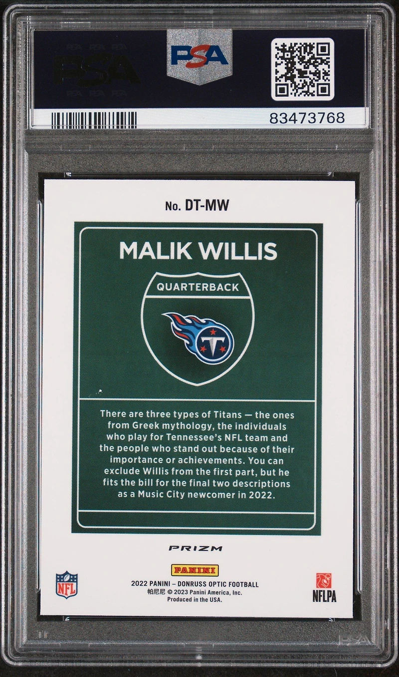2022 Panini Donruss Optic Downtown Dtmw Malik Willis PSA 9