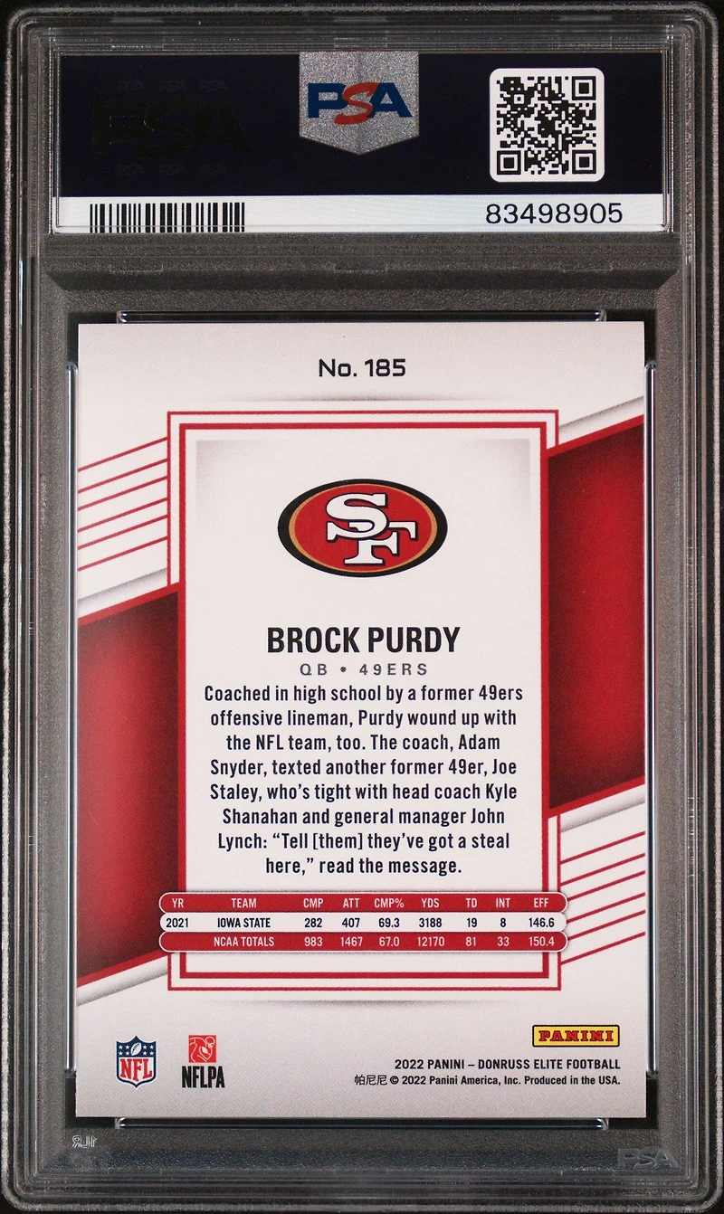 2022 Panini Donruss Elite 185 Brock Purdy Green PSA 10