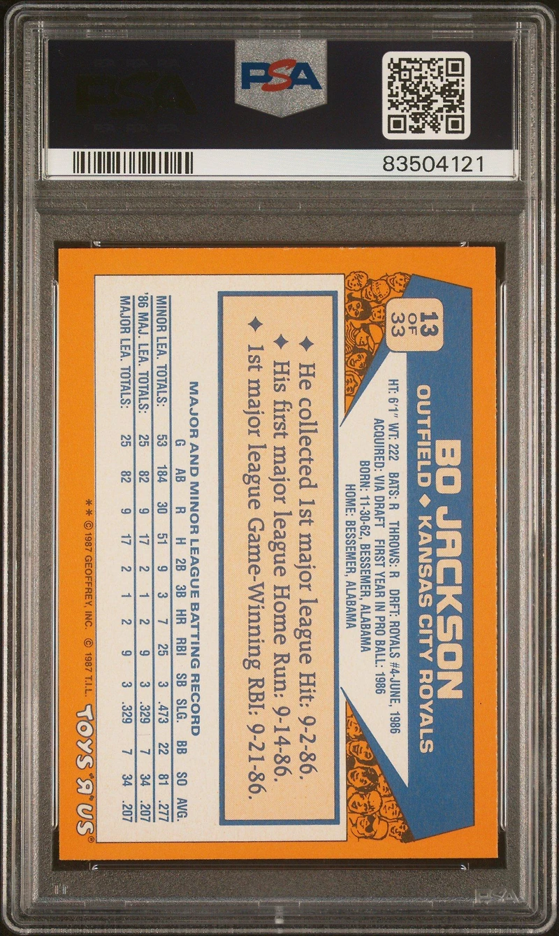 1987 Toys R Us Rookies 13 Bo Jackson PSA 9