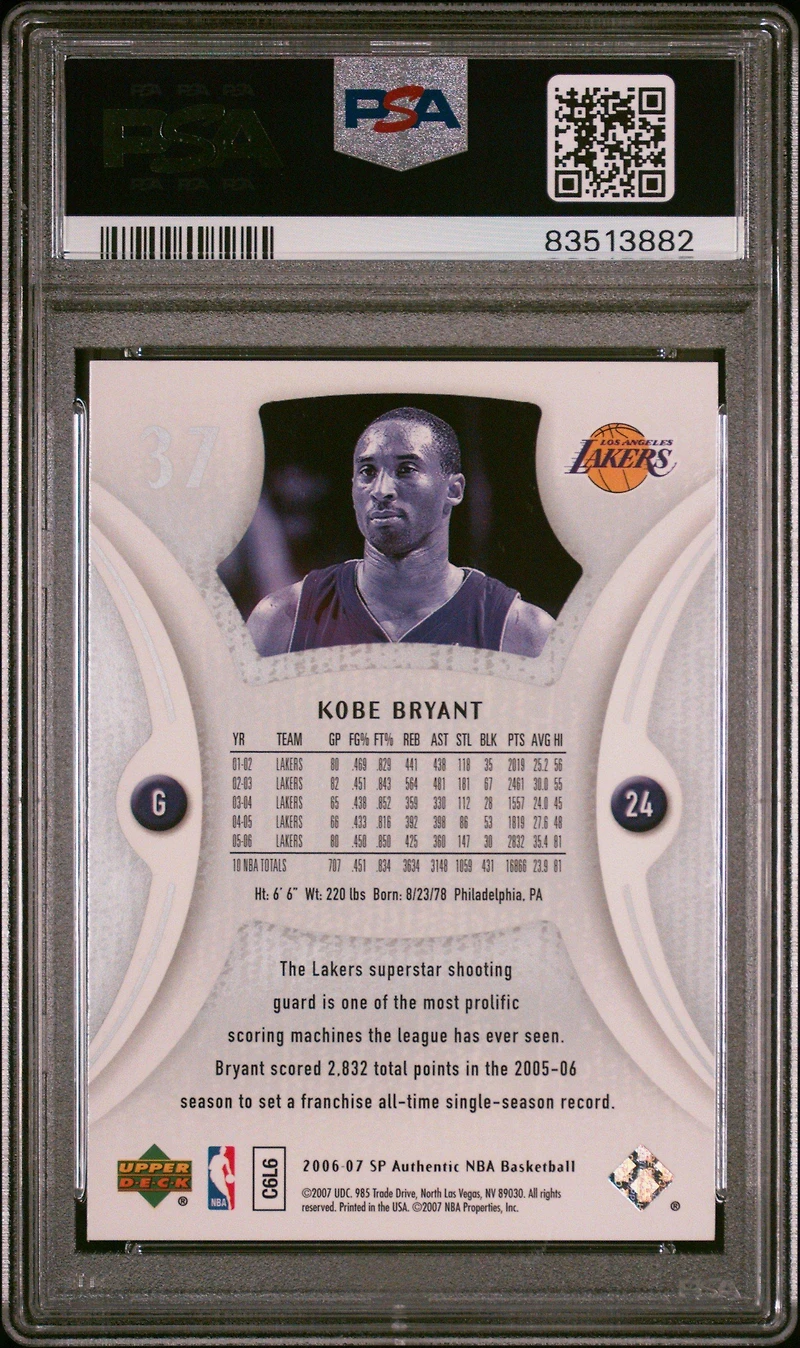 2006 Sp Authentic 37 Kobe Bryant PSA 10