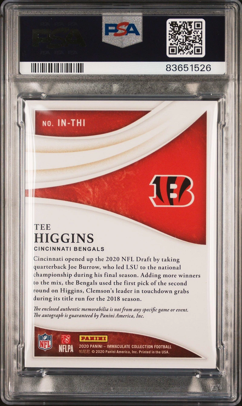 2020 Panini Immaculate Collection Immaculate Numbers Rookie Patch Autographs Inthi Tee Higgins PSA 9