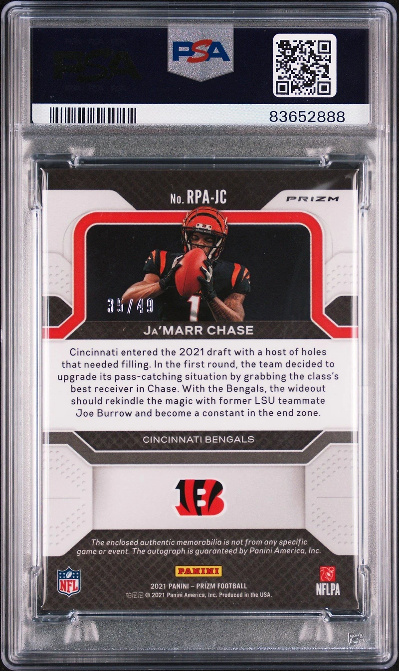 2021 Panini Prizm Rookie Patch Autographs Rpajc Ja'marr Chase Purple Power PSA 9