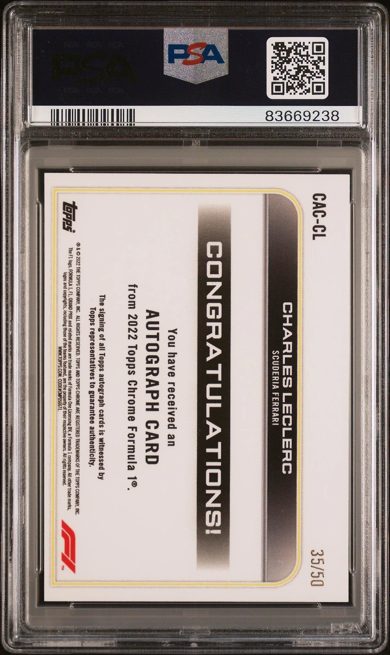 2022 Topps Chrome Formula 1 Chrome Autographs Caccl Charles Leclerc Gold Refractor PSA 10