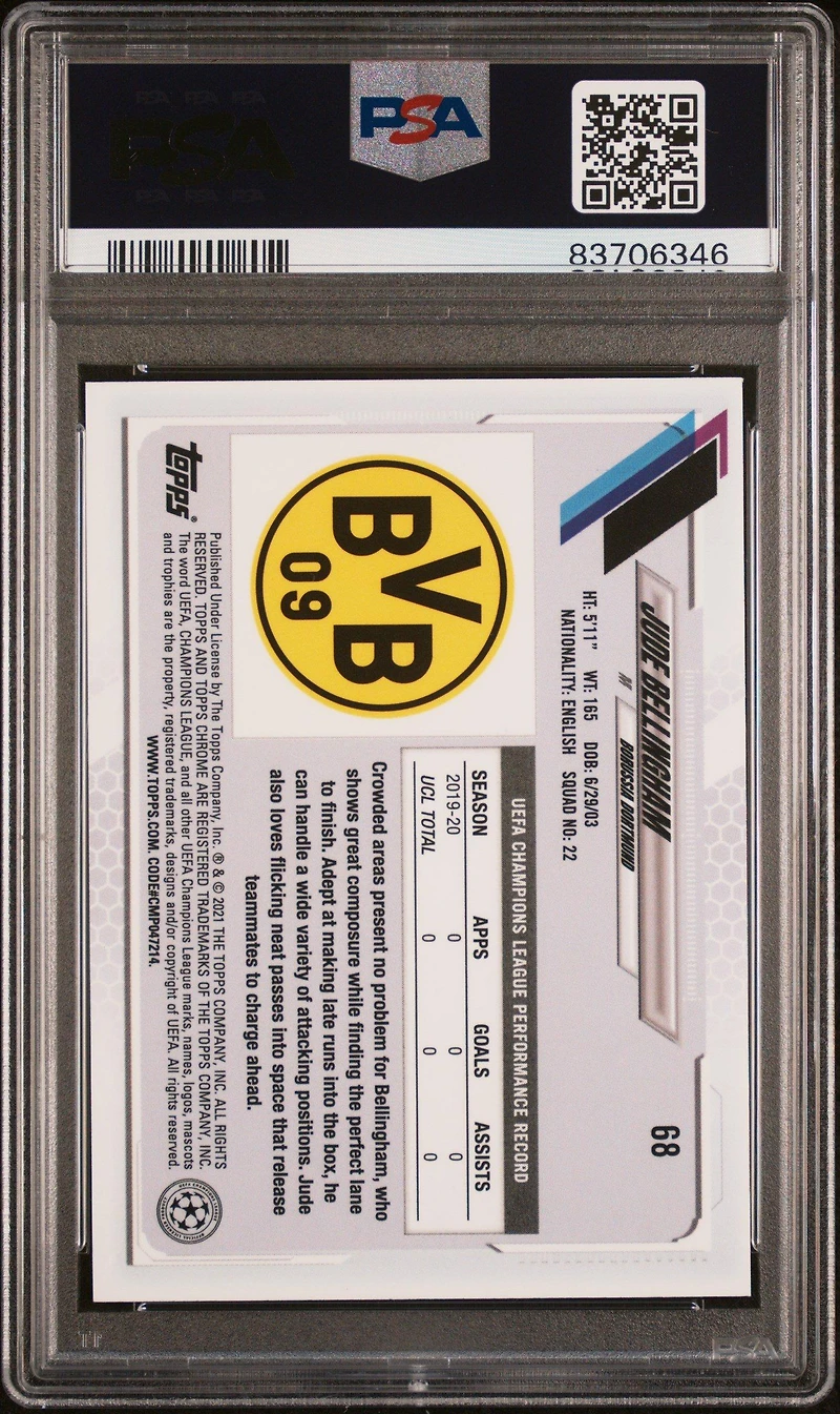 2020 Topps Chrome Uefa Champions League Sapphire Edition 68 Jude Bellingham PSA 9