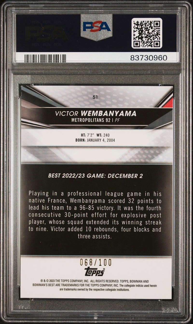 2022 Bowman University Best 51 Victor Wembanyama Pink Lava Refractor PSA 9